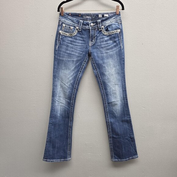 Miss Me Jeans Womens 28 Blue Signature Slim Boot Bootcut Fleur-de-Lis Bling - Picture 1 of 16
